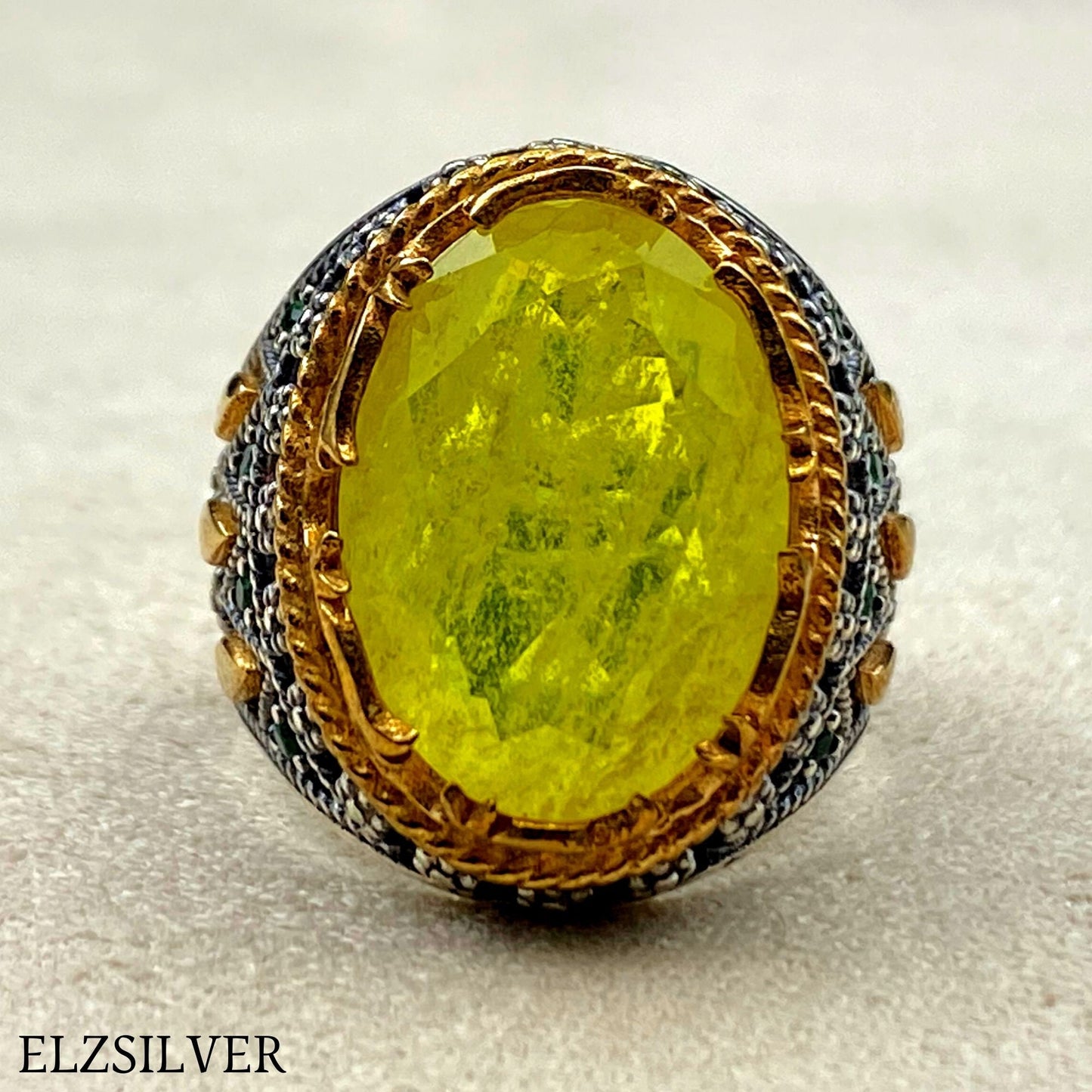 Yellow Tourmaline Stone Mens Ring, Oval Stone Ring, Ottoman Ring, Turkish Handmade Ring, 925 Sterling Silver, Natural Stone, Gift For Him