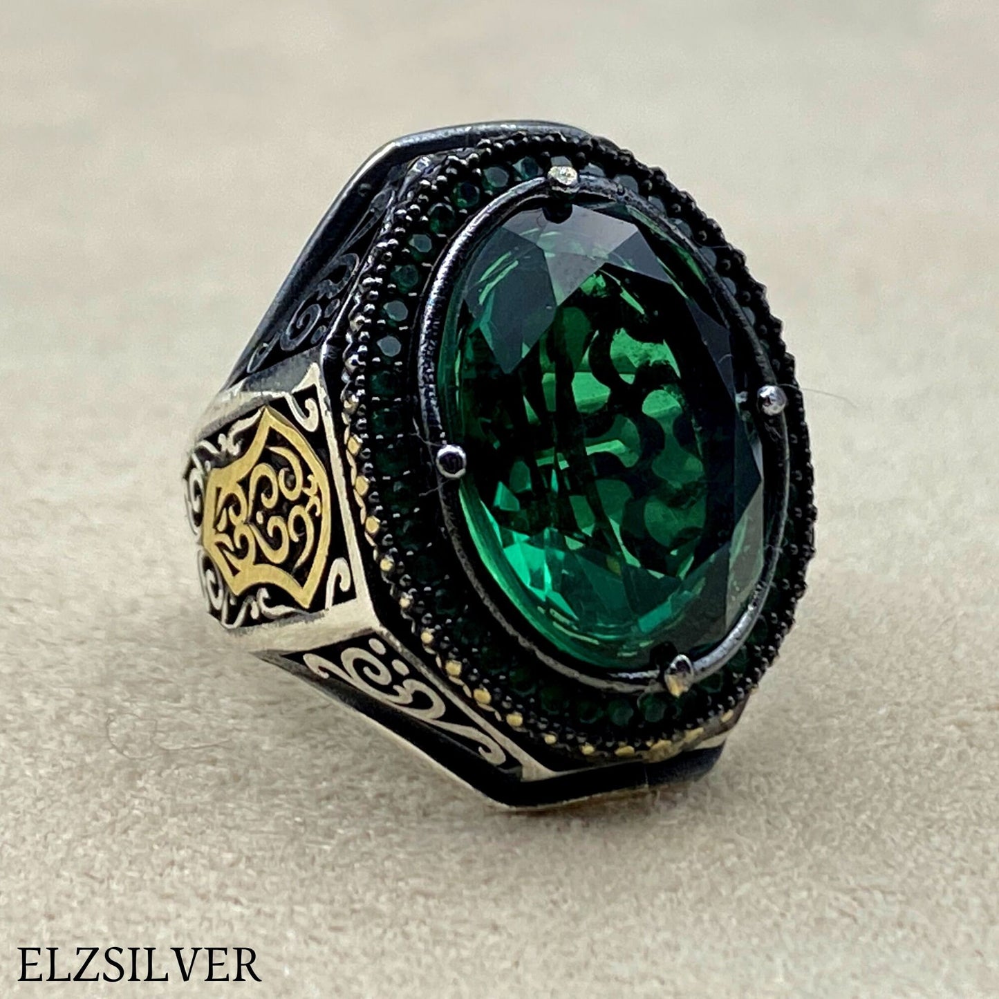 Men's Emerald Stone Silver Ring, Turkish Handmade Ring, 925k Sterling Silver Ring, Emerald Ring, Ottoman Men Ring, Men Jewelry, Gift for Him