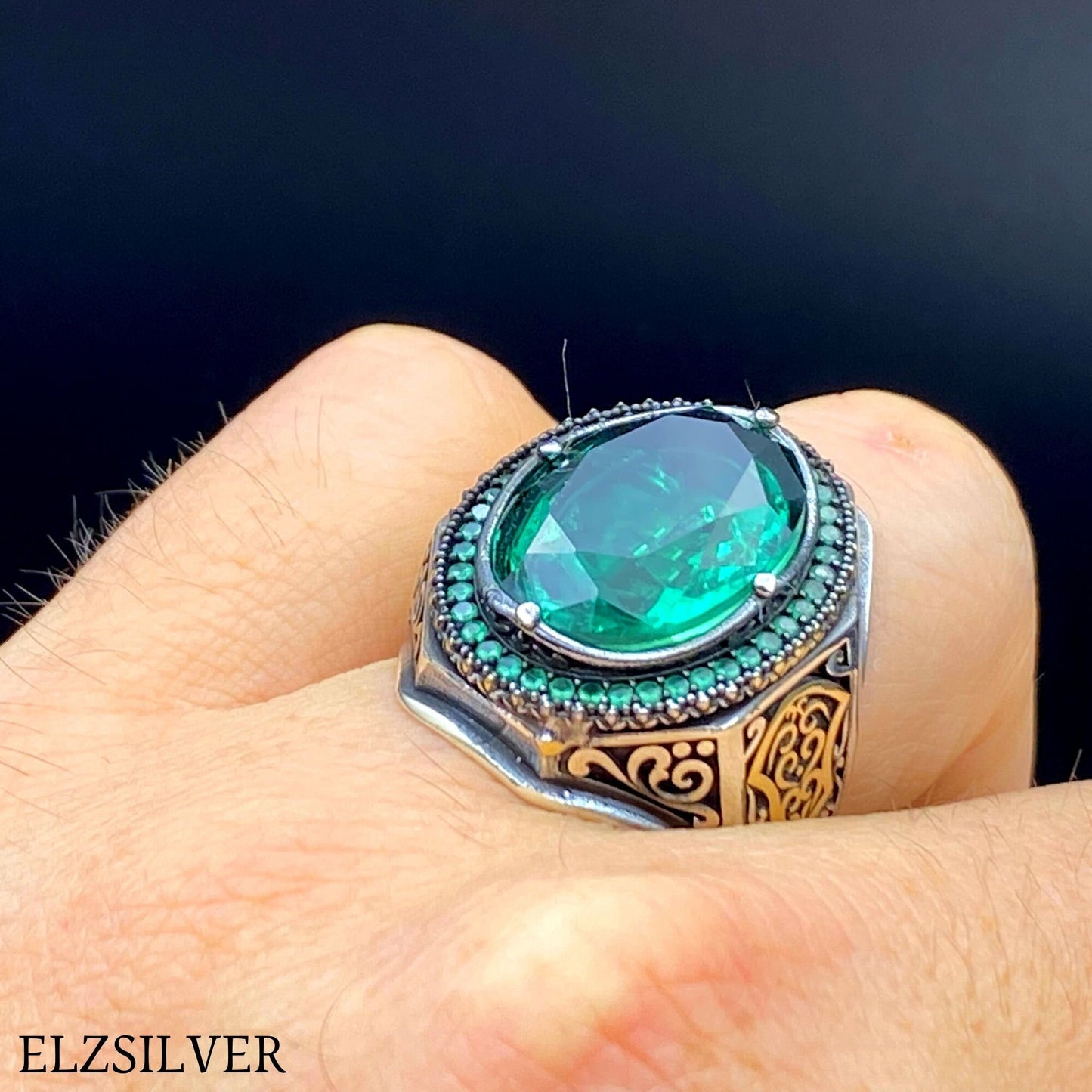 Men's Emerald Stone Silver Ring, Turkish Handmade Ring, 925k Sterling Silver Ring, Emerald Ring, Ottoman Men Ring, Men Jewelry, Gift for Him