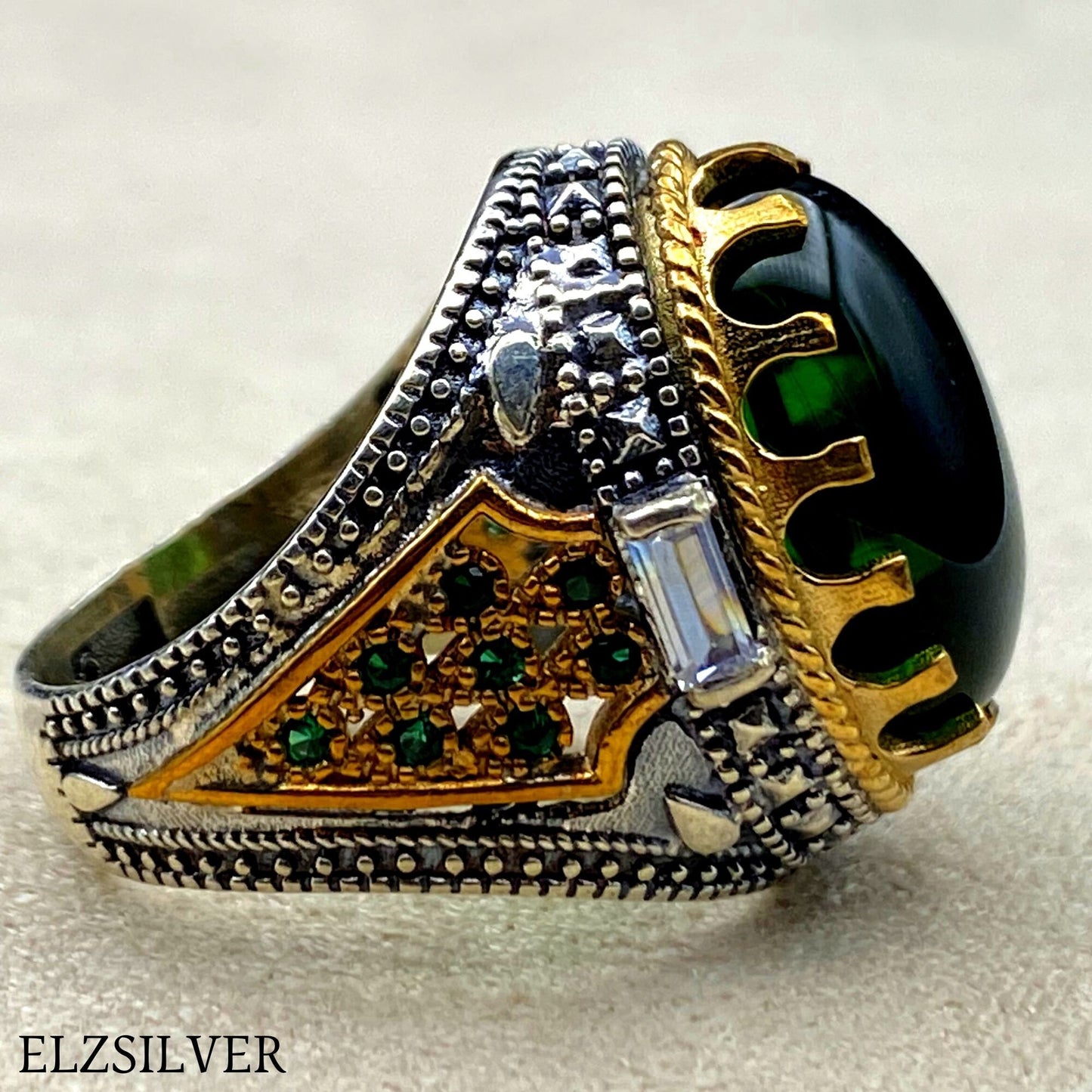 Mens Emerald Stone Oval Silver Ring, Green Stone Silver Ring, Turkish Handmade Silver Ring, 925k Sterling Silver Ring, Ottoman Ring