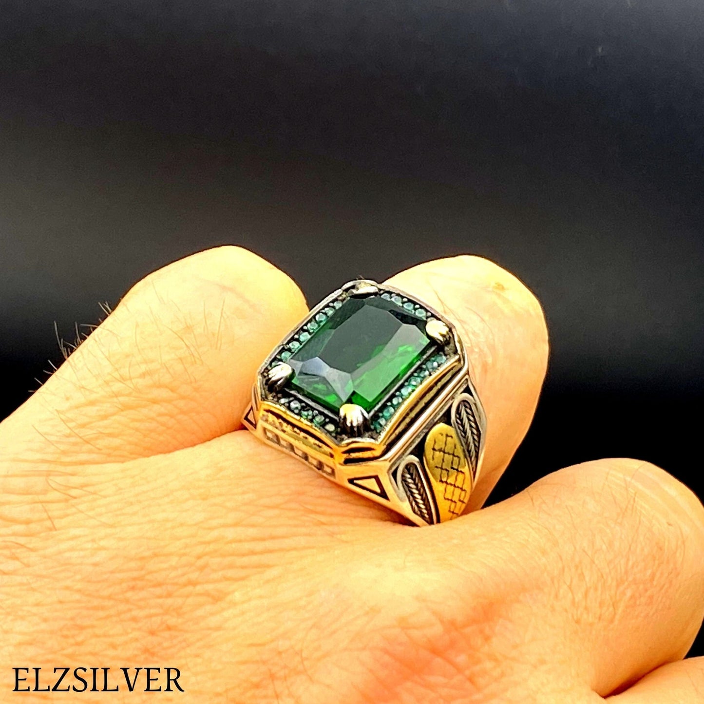 Mens Emerald Stone Silver Ring, Turkish Handmade Silver Ring, 925k Sterling Silver Ring, Ottoman Men Ring, Men's Jewelry, Green Stone Ring