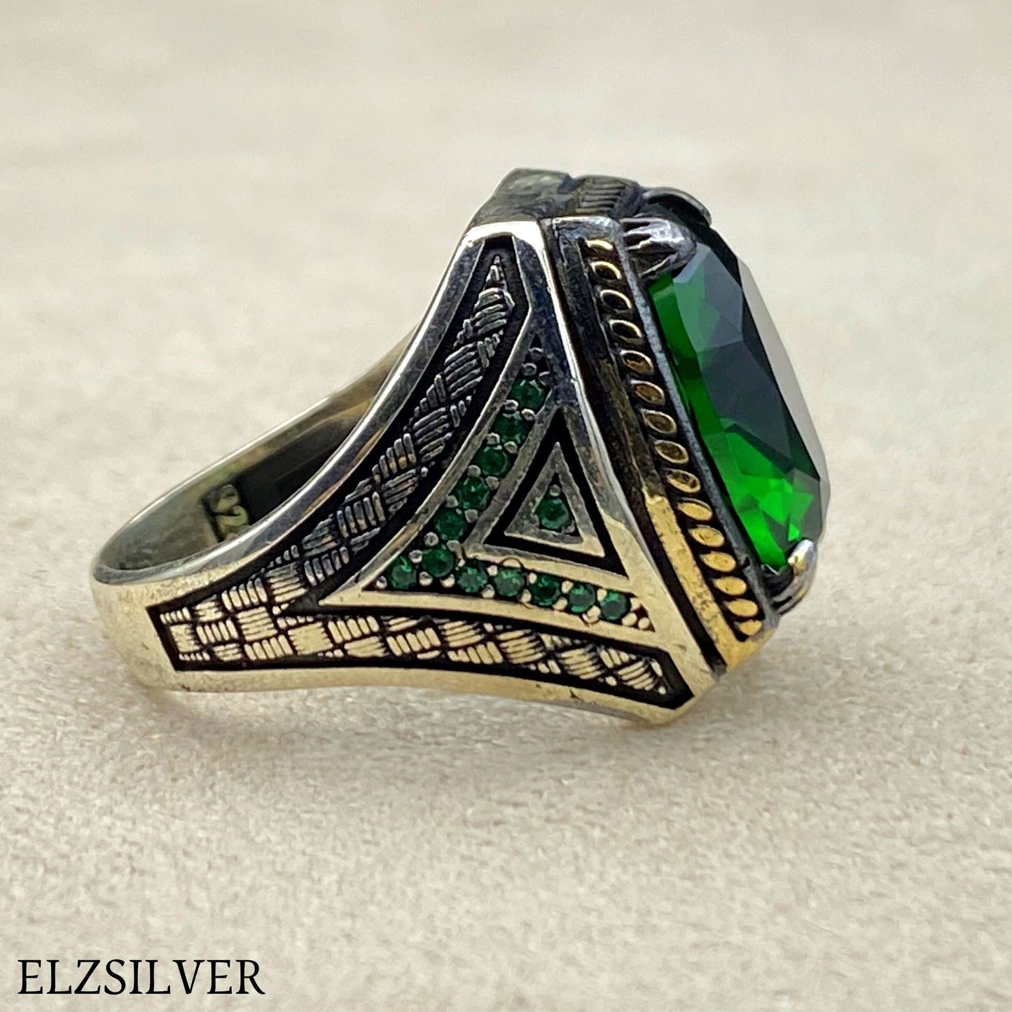 Mens Emerald Stone Silver Ring, Turkish Handmade Silver Ring, 925k Sterling Silver Ring, Ottoman Silver Ring, Men's Jewelry, Gift for Him