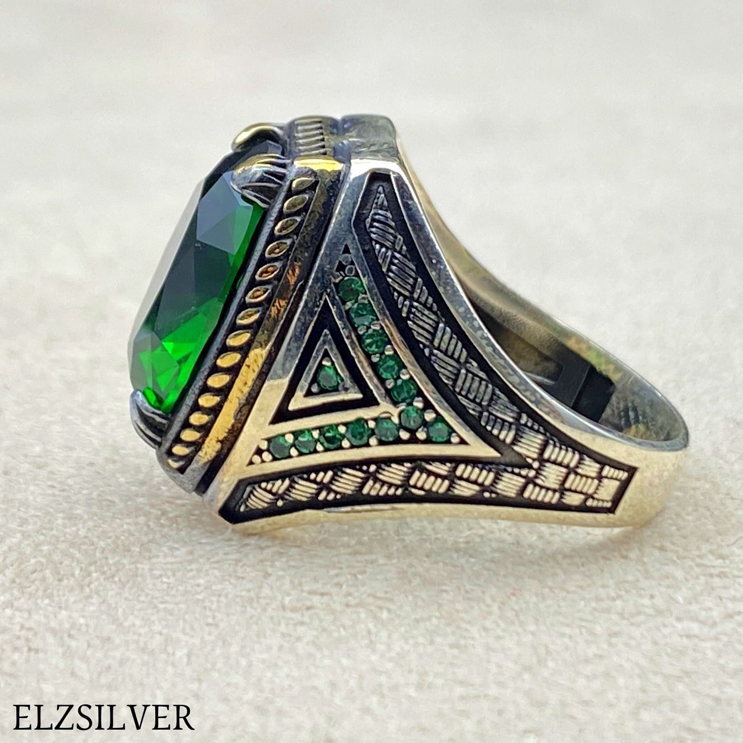 Mens Emerald Stone Silver Ring, Turkish Handmade Silver Ring, 925k Sterling Silver Ring, Ottoman Silver Ring, Men's Jewelry, Gift for Him