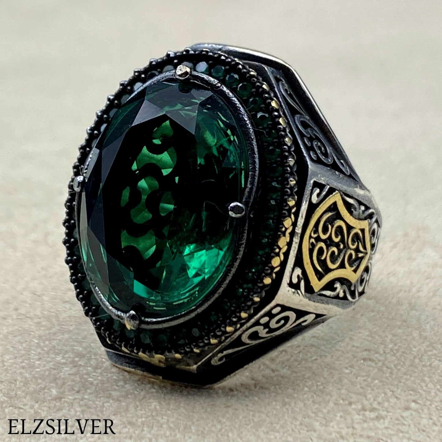 Men's Emerald Stone Silver Ring, Turkish Handmade Ring, 925k Sterling Silver Ring, Emerald Ring, Ottoman Men Ring, Men Jewelry, Gift for Him