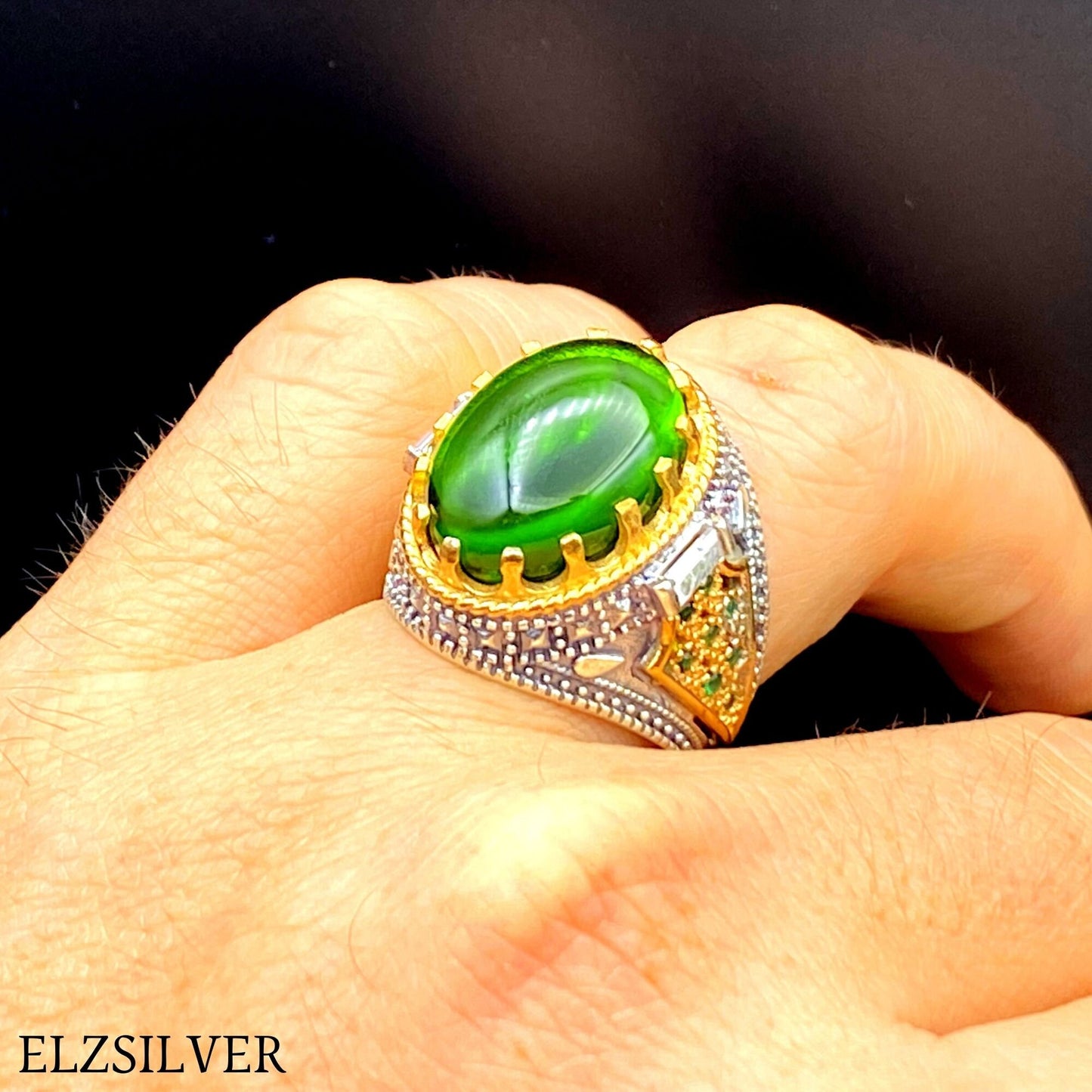 Mens Emerald Stone Oval Silver Ring, Green Stone Silver Ring, Turkish Handmade Silver Ring, 925k Sterling Silver Ring, Ottoman Ring