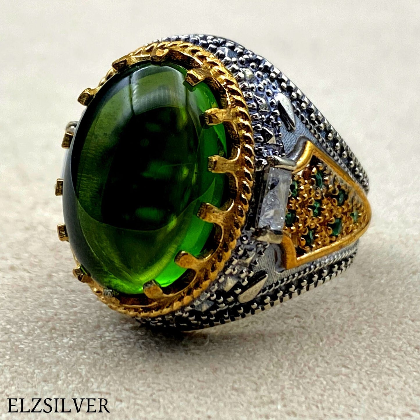 Mens Emerald Stone Oval Silver Ring, Green Stone Silver Ring, Turkish Handmade Silver Ring, 925k Sterling Silver Ring, Ottoman Ring