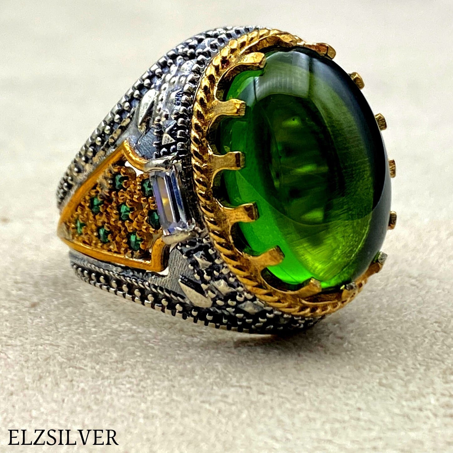 Mens Emerald Stone Oval Silver Ring, Green Stone Silver Ring, Turkish Handmade Silver Ring, 925k Sterling Silver Ring, Ottoman Ring