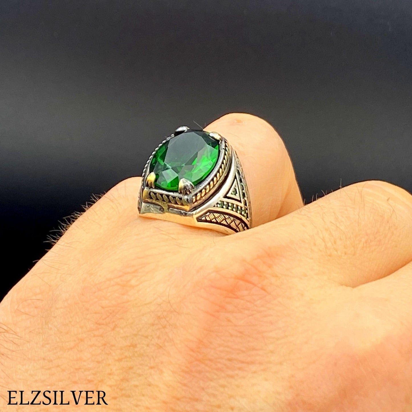 Mens Emerald Stone Silver Ring, Turkish Handmade Silver Ring, 925k Sterling Silver Ring, Ottoman Silver Ring, Men's Jewelry, Gift for Him