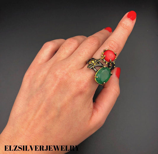 Emerald and Coral Stone Rings for Women 925 Sterling Silver, Handmade Ring, Ladies Ring, Vintage Ring, Silver Ring, Big Stone Ring