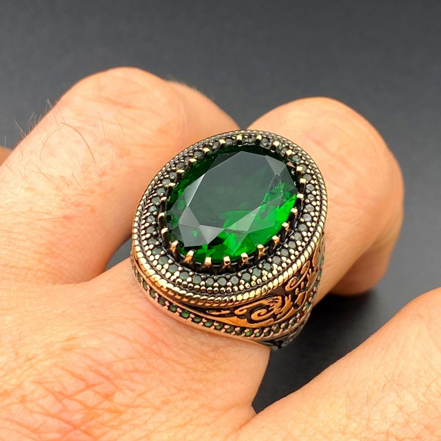 Men's Emerald Stone Silver Ring, Turkish Handmade Ring, 925k Sterling Silver Ring, Emerald Ring, Gift for Him,Gift Birthday, Gift Anniversay