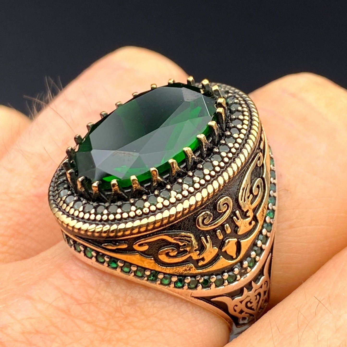 Men's Emerald Stone Silver Ring, Turkish Handmade Ring, 925k Sterling Silver Ring, Emerald Ring, Gift for Him,Gift Birthday, Gift Anniversay