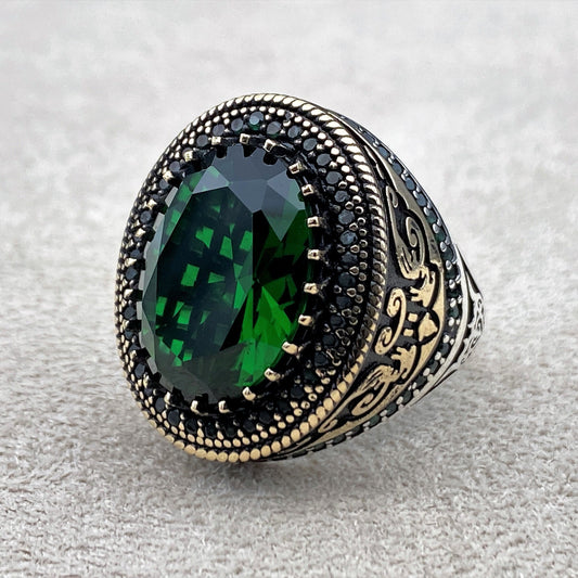 Men's Emerald Stone Silver Ring, Turkish Handmade Ring, 925k Sterling Silver Ring, Emerald Ring, Gift for Him,Gift Birthday, Gift Anniversay