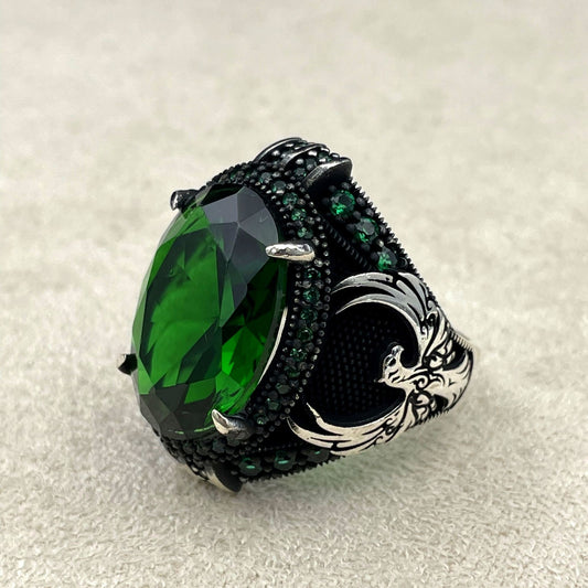 Emerald Green Stone Men Silver Ring, Handmade Ring, 925 Sterling Silver, Eagle Ring, Angry Eagle Ring, Gift Him, Gift Husband, Gift Father