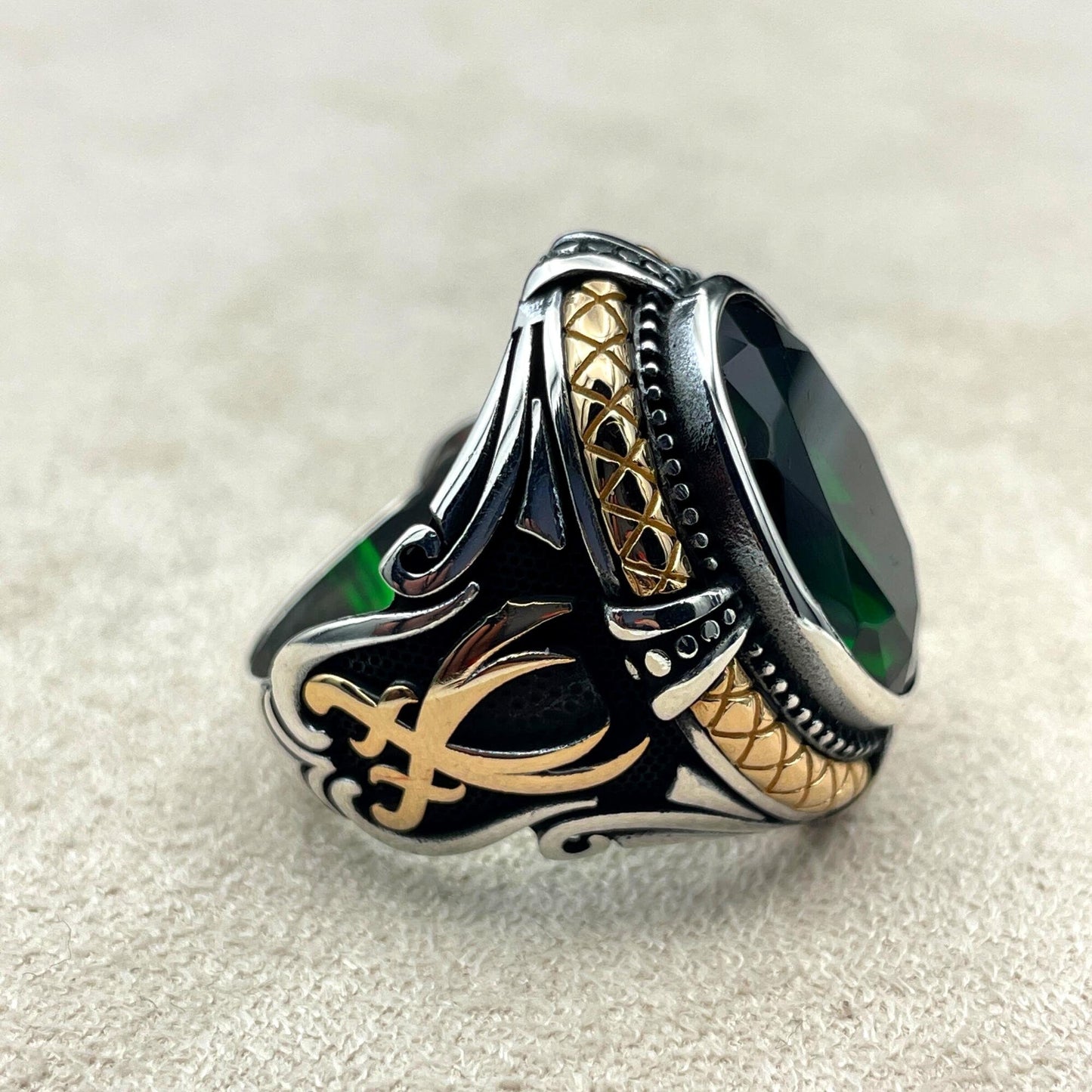 Men's Green Emerald Stone Silver Ring, Zulfikar Sword Ring, Turkish Handmade Silver Ring, 925 Sterling Silver, Silver Jewelry, Gift Hor Him