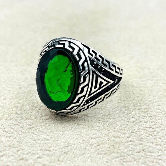 Men's Handmade Silver Ring, Emerald Men Silver Ring, Oval Gemstone Ring, 925 Sterling Silver Men Ring, Men Engraved Ring, Gift Hor Him