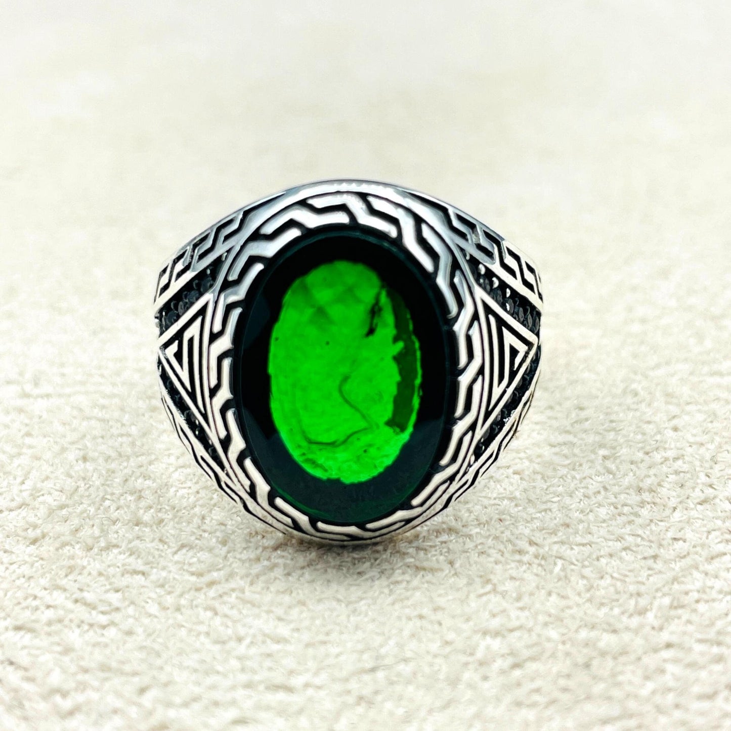 Men's Handmade Silver Ring, Emerald Men Silver Ring, Oval Gemstone Ring, 925 Sterling Silver Men Ring, Men Engraved Ring, Gift Hor Him