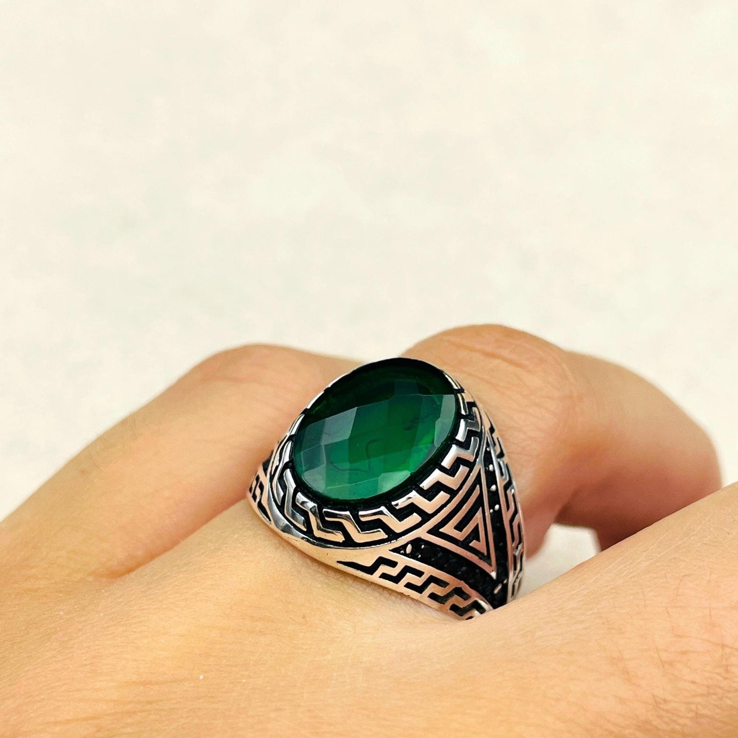 Men's Handmade Silver Ring, Emerald Men Silver Ring, Oval Gemstone Ring, 925 Sterling Silver Men Ring, Men Engraved Ring, Gift Hor Him