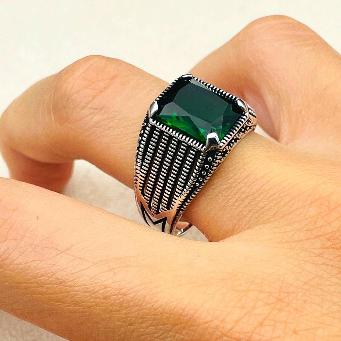 Green Emerald Gemstone Ring, Handmade Silver Ring, Mens 925 Sterling Silver Ring, Gift Him, Birthday Gift, Anniversay Gift Husband, Gift Men