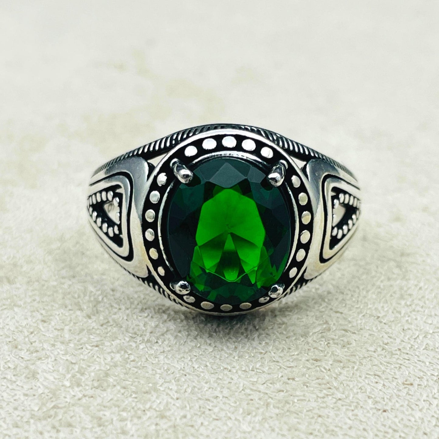 Green Emerald Gemstone Ring, Handmade Silver Ring, Mens 925 Sterling Silver Ring, Statement Ring, Minimalist Oval Silver Ring, Unique Ring