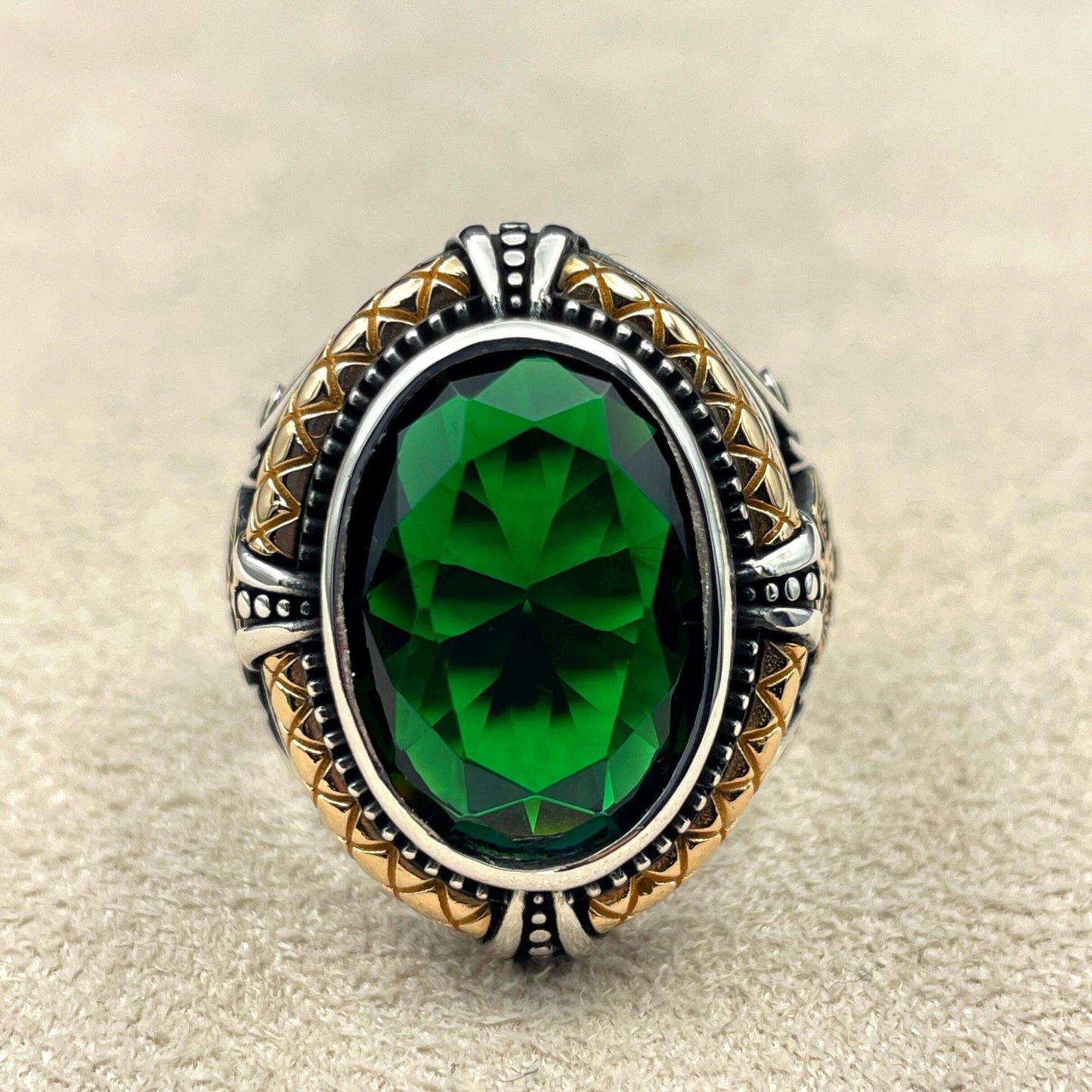 Men's Emerald Stone Silver Ring, Double Headed Eagle Ring, Gift Him, Birthday Gift, Anniversay Gift Husband, Gift Men, 925 Sterling Silver