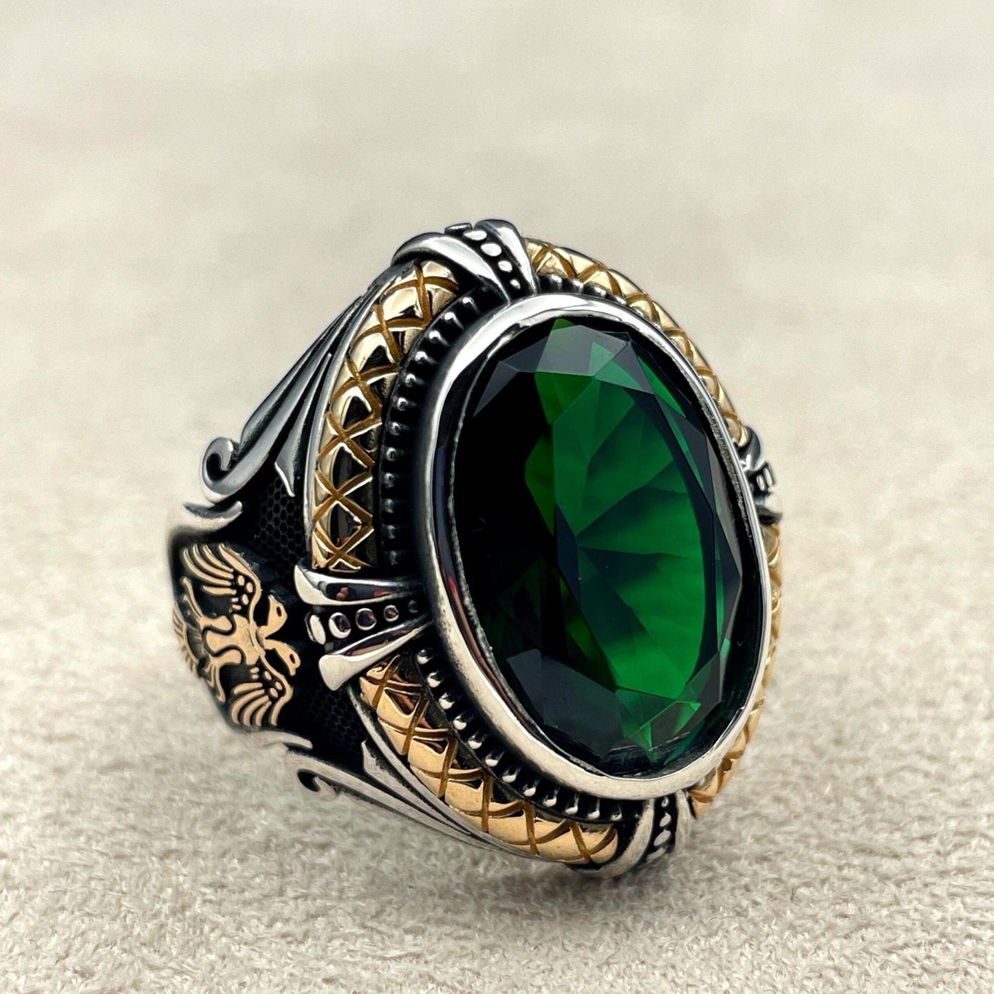 Men's Emerald Stone Silver Ring, Double Headed Eagle Ring, Gift Him, Birthday Gift, Anniversay Gift Husband, Gift Men, 925 Sterling Silver