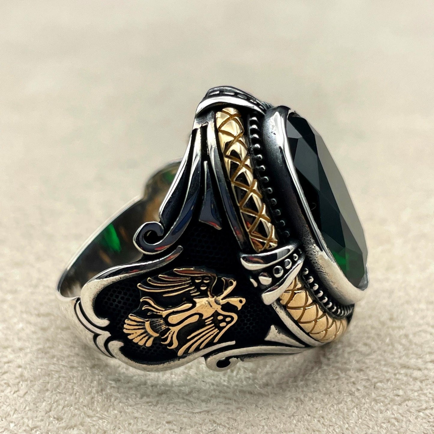 Men's Emerald Stone Silver Ring, Double Headed Eagle Ring, Gift Him, Birthday Gift, Anniversay Gift Husband, Gift Men, 925 Sterling Silver