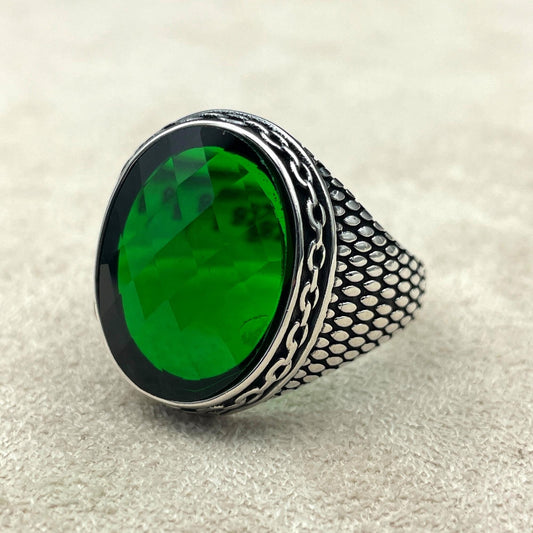 Mens Cubic Zirconia Stone Silver Ring, Green Emerald Stone Ring, Ottoman Silver Ring, Handmade Silver Ring, 925k Solid Silver Ring, Unisex