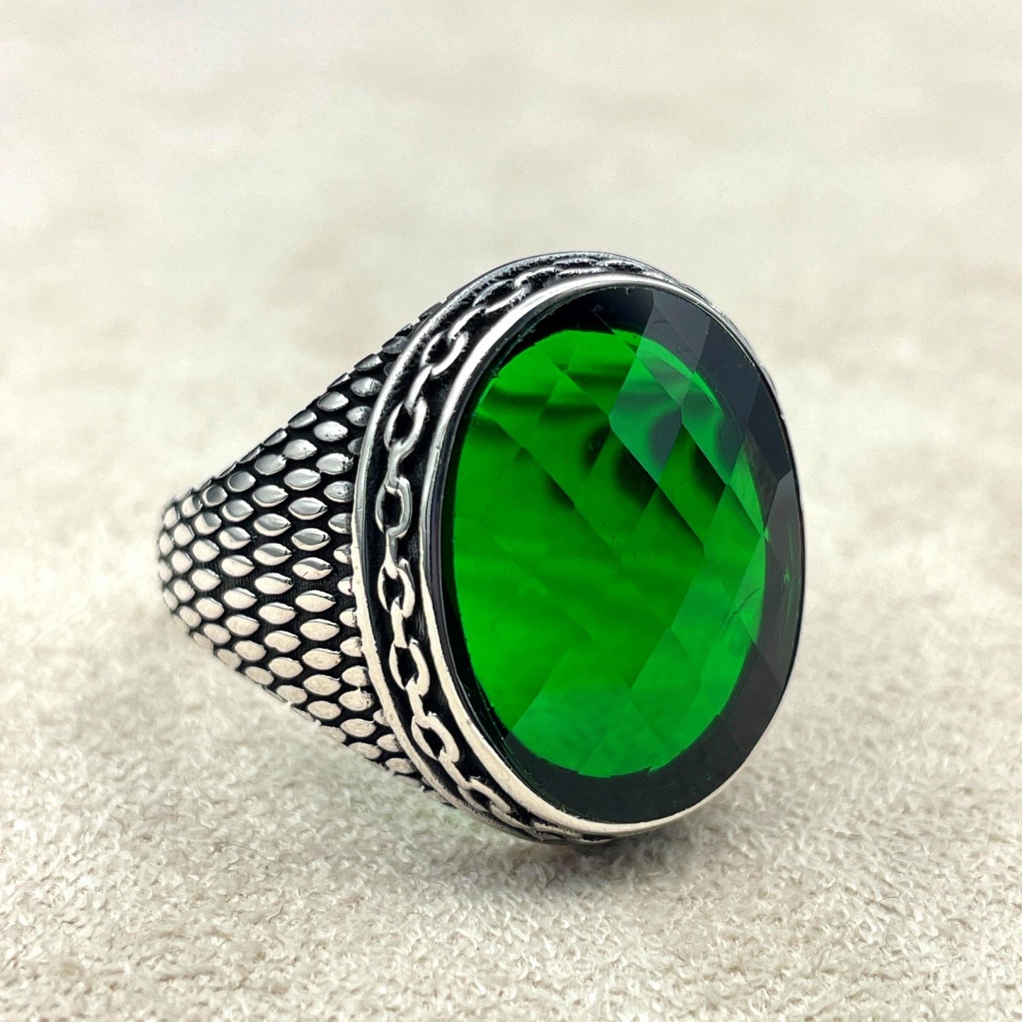 Mens Cubic Zirconia Stone Silver Ring, Green Emerald Stone Ring, Ottoman Silver Ring, Handmade Silver Ring, 925k Solid Silver Ring, Unisex