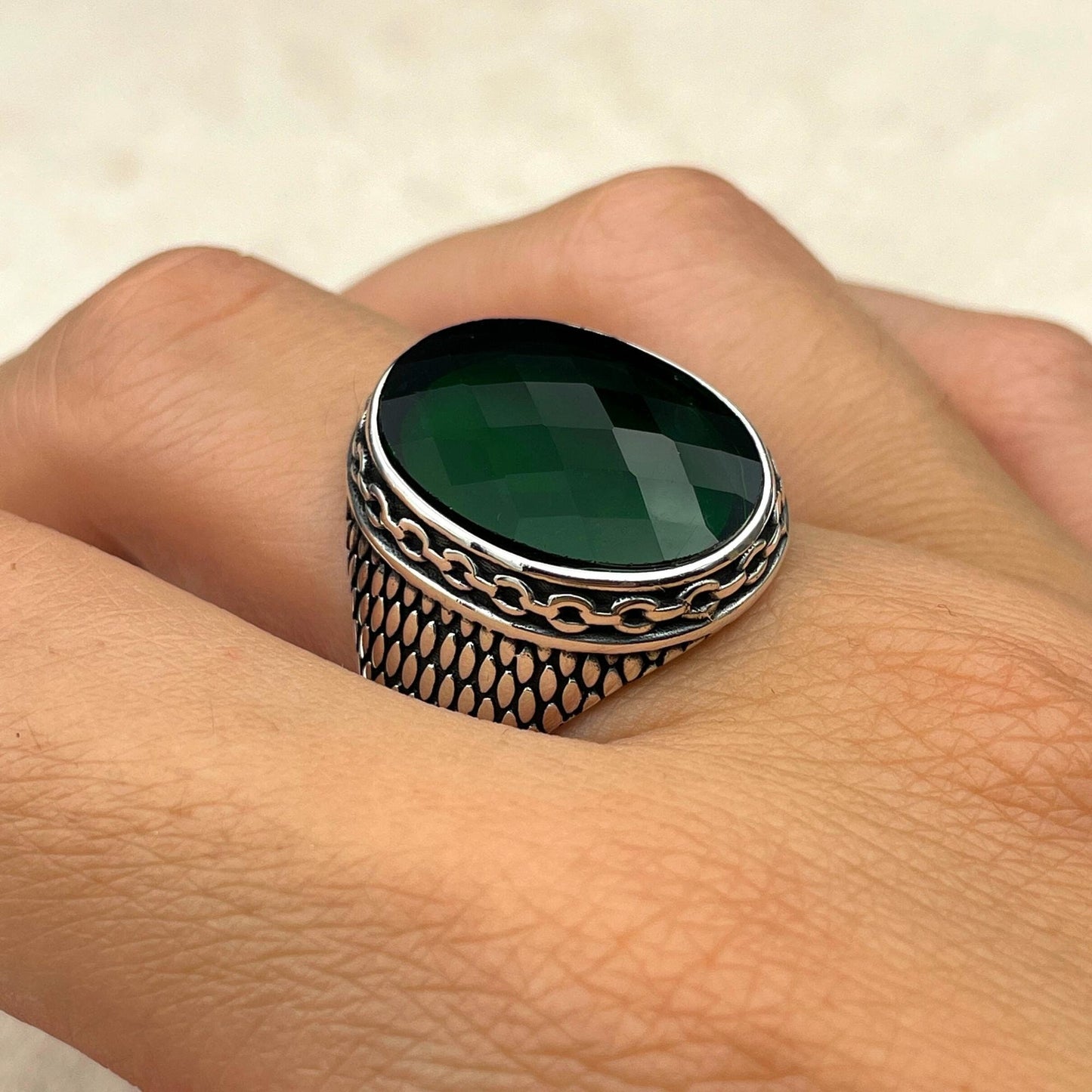 Mens Cubic Zirconia Stone Silver Ring, Green Emerald Stone Ring, Ottoman Silver Ring, Handmade Silver Ring, 925k Solid Silver Ring, Unisex