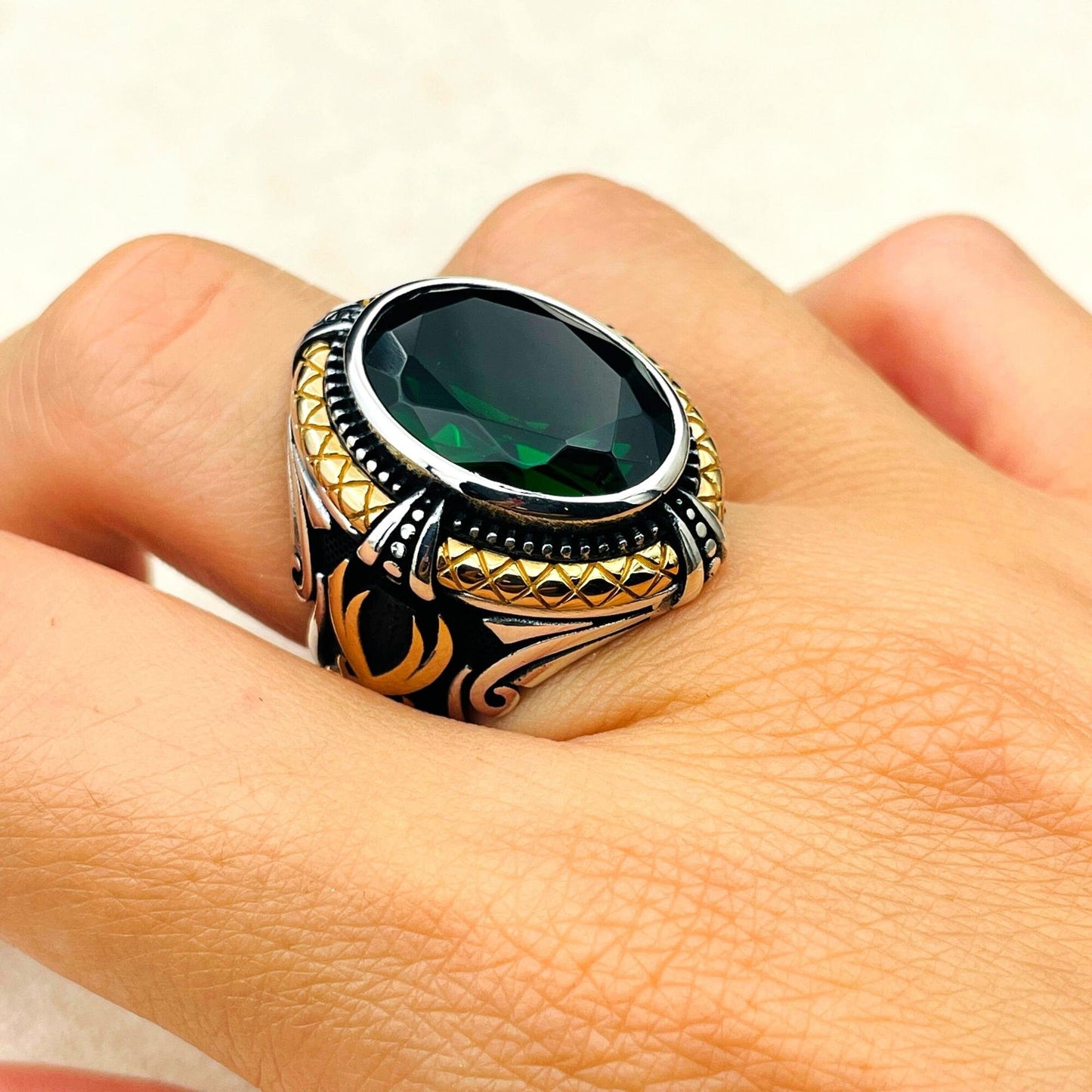 Men's Green Emerald Stone Silver Ring, Zulfikar Sword Ring, Turkish Handmade Silver Ring, 925 Sterling Silver, Silver Jewelry, Gift Hor Him