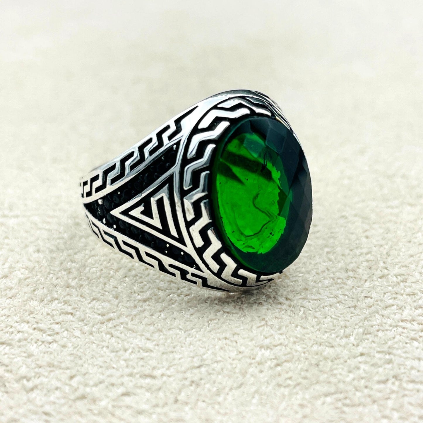 Men's Handmade Silver Ring, Emerald Men Silver Ring, Oval Gemstone Ring, 925 Sterling Silver Men Ring, Men Engraved Ring, Gift Hor Him