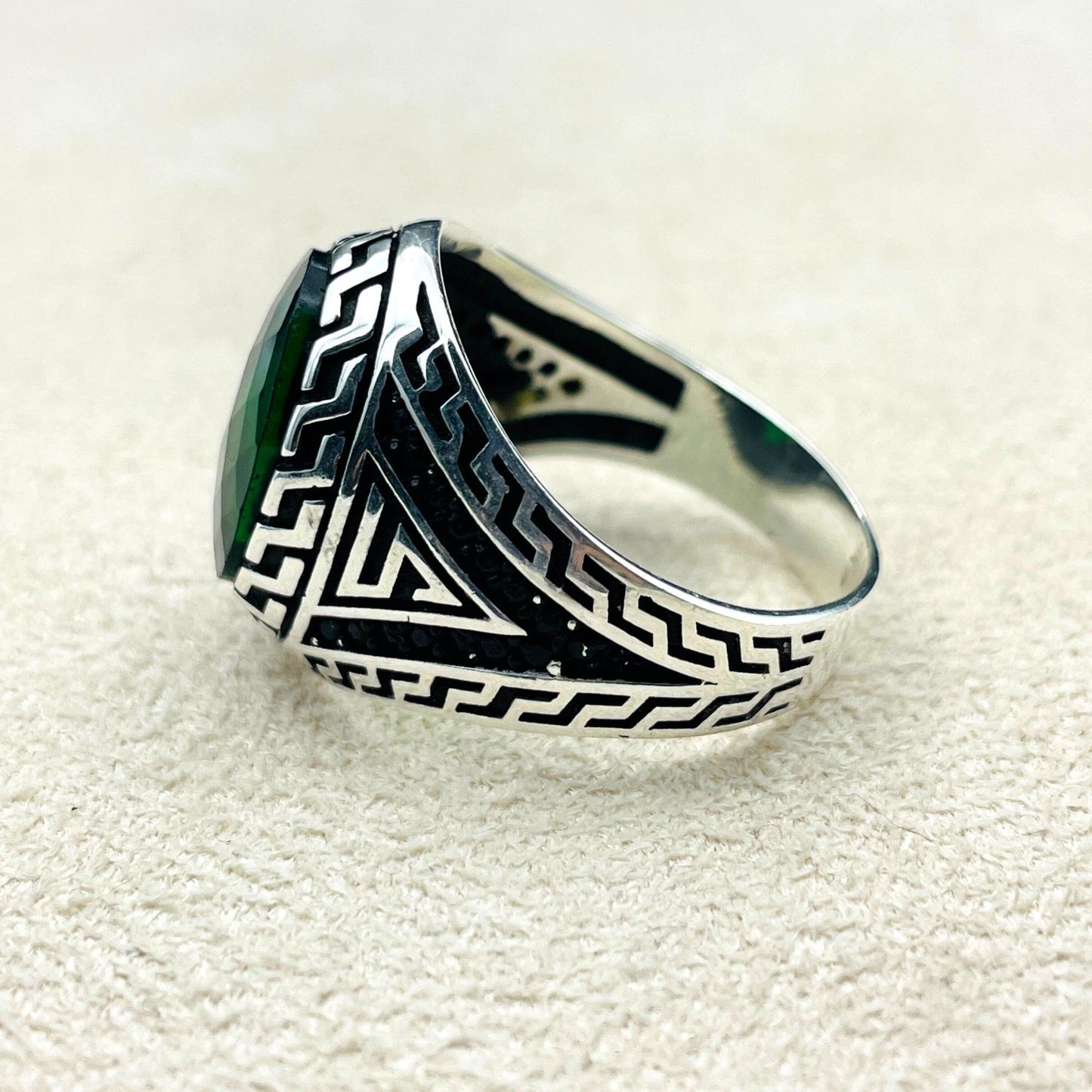 Men's Handmade Silver Ring, Emerald Men Silver Ring, Oval Gemstone Ring, 925 Sterling Silver Men Ring, Men Engraved Ring, Gift Hor Him