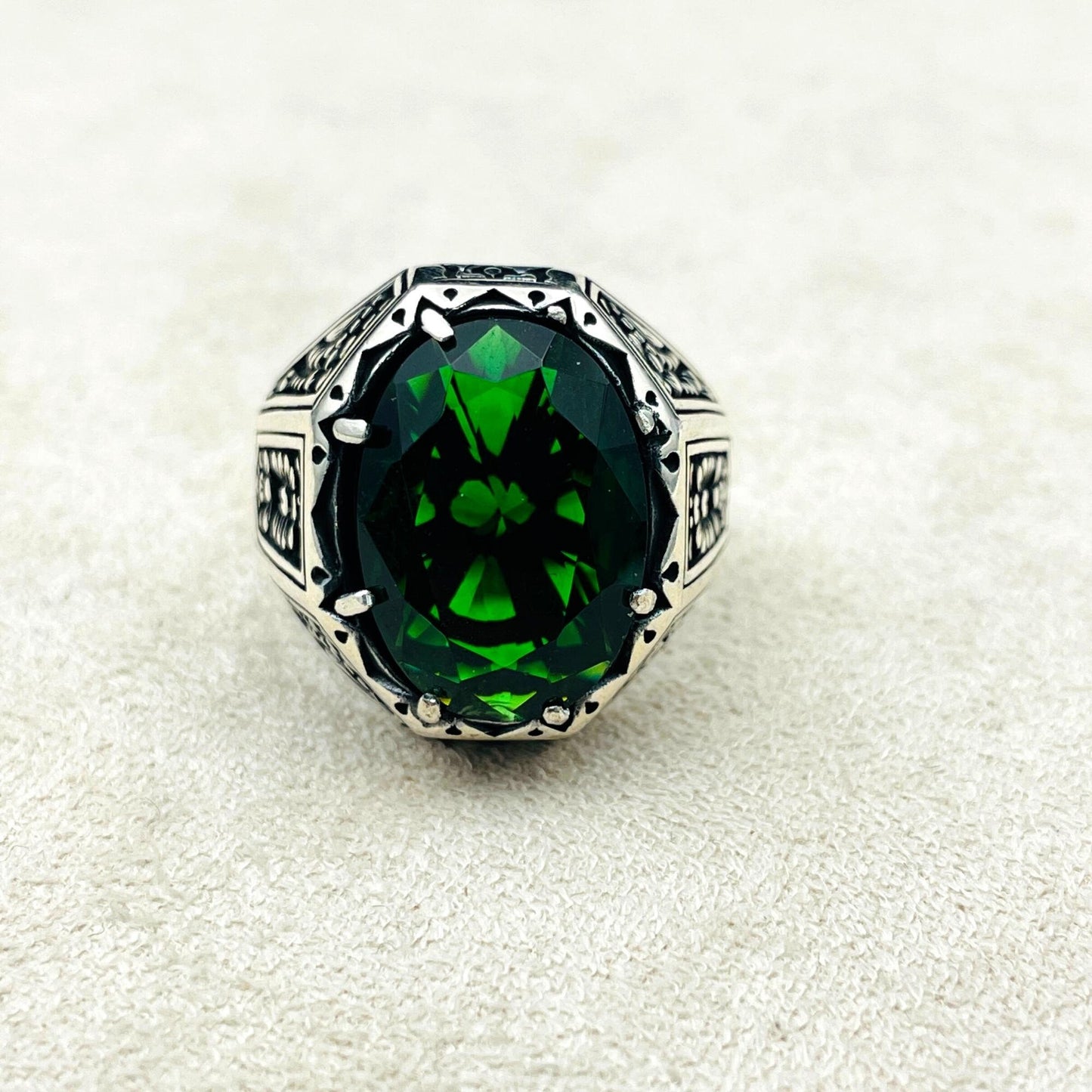 Green Emerald Stone Mens Ring, Turkish Handmade Silver Ring, Ottoman Style Ring, Mens Jewelry , 925 Sterling Silver Ring,Men Engraved Ring,