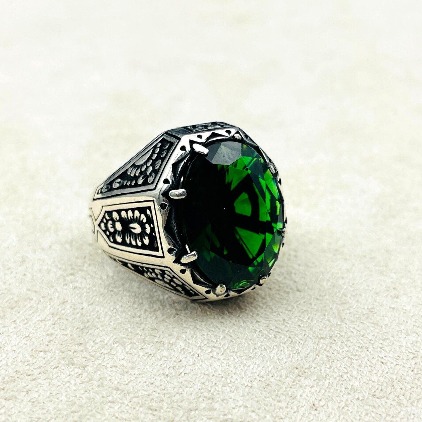 Green Emerald Stone Mens Ring, Turkish Handmade Silver Ring, Ottoman Style Ring, Mens Jewelry , 925 Sterling Silver Ring,Men Engraved Ring,