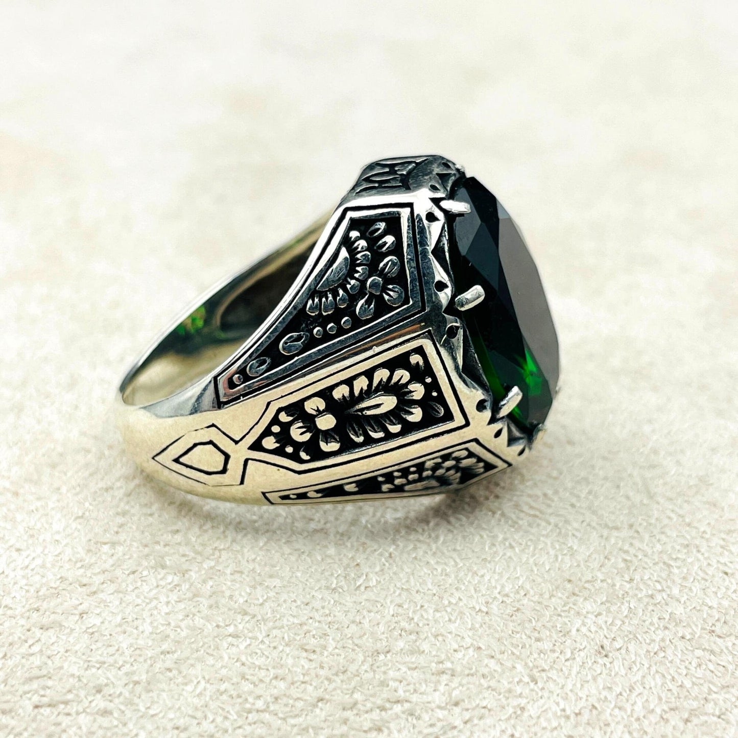 Green Emerald Stone Mens Ring, Turkish Handmade Silver Ring, Ottoman Style Ring, Mens Jewelry , 925 Sterling Silver Ring,Men Engraved Ring,