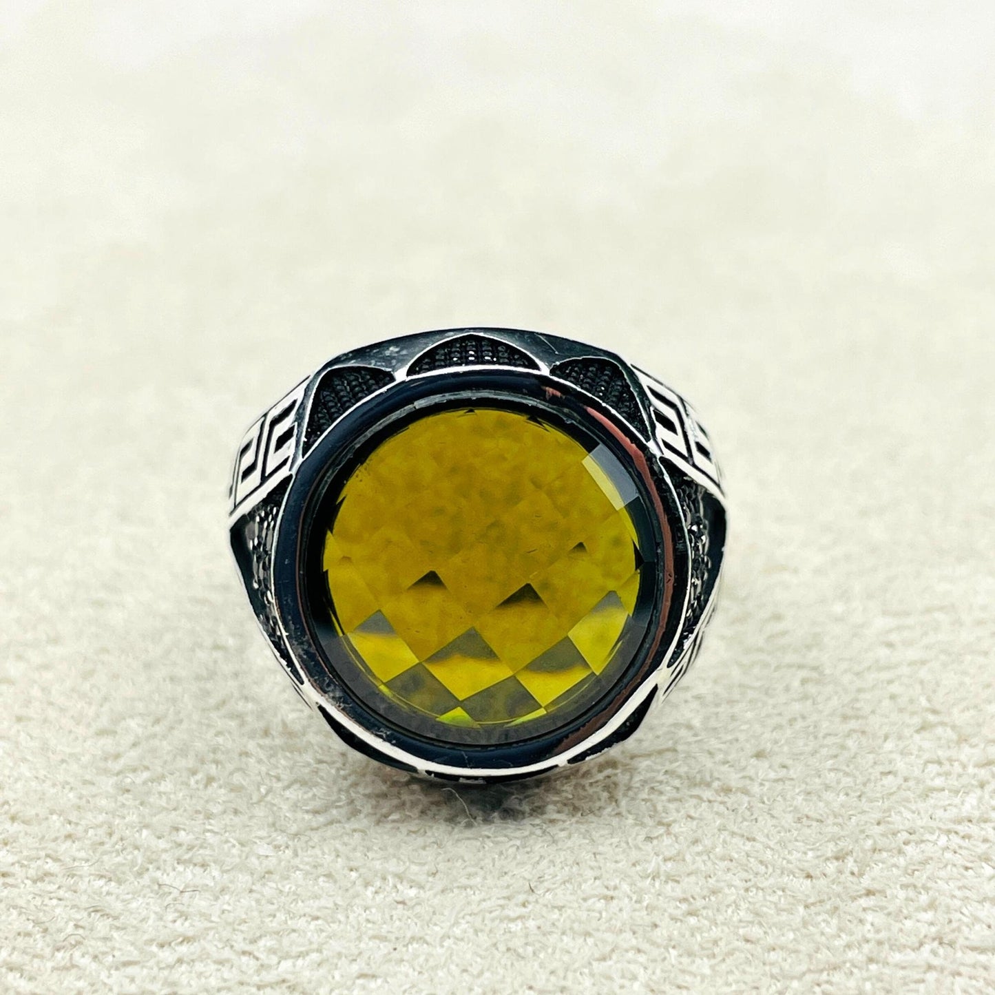 Yellow Zircon Stone Mens Ring, Turkish Handmade Silver Ring, Oval Stone Ring, 925 Sterling Silver Men Ring, Men Engraved Ring, Gift For Him