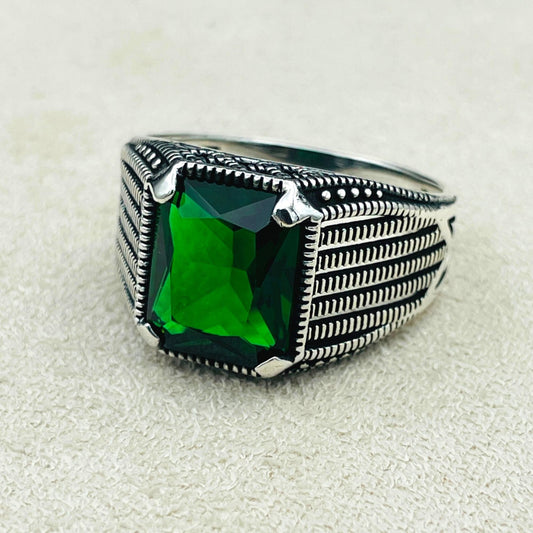 Green Emerald Gemstone Ring, Handmade Silver Ring, Mens 925 Sterling Silver Ring, Gift Him, Birthday Gift, Anniversay Gift Husband, Gift Men