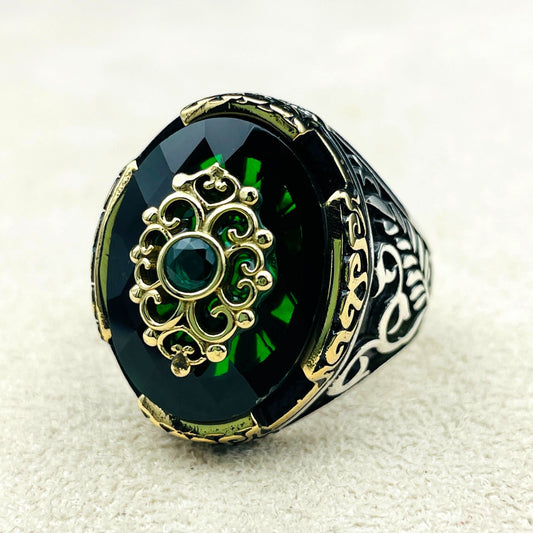 Green Emerald Stone Ring, Men Ring, 925 Sterling Silver, Handmade Silver Ring, Green Ring, Emerald Gemstone Ring, Gift Ring, Ottoman Ring