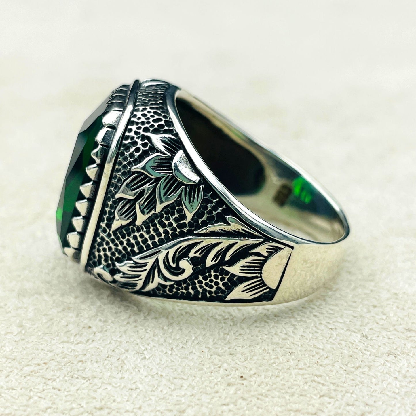 Emerald Ring Men, Green Emerald Square Gemstone Handmade Silver Ring, Leaf Detailed Elegant Ring, 925 Sterling Silver Ring, Gift For Him