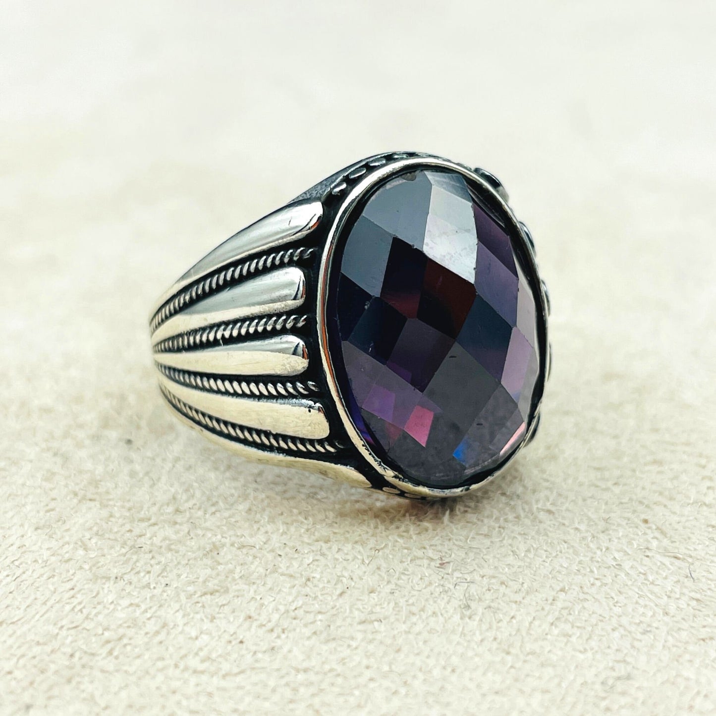 Purple Amethyst Oval Stone Mens Ring, Turkish Handmade Ring, Mens Jewelry, 925K Sterling Silver Ring, Ottoman Style Ring, Unique Gift Ring