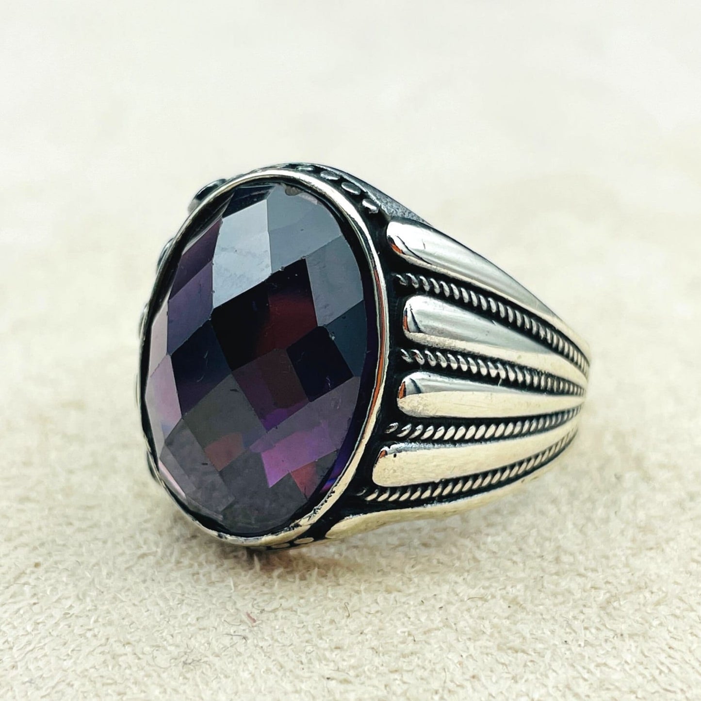 Purple Amethyst Oval Stone Mens Ring, Turkish Handmade Ring, Mens Jewelry, 925K Sterling Silver Ring, Ottoman Style Ring, Unique Gift Ring