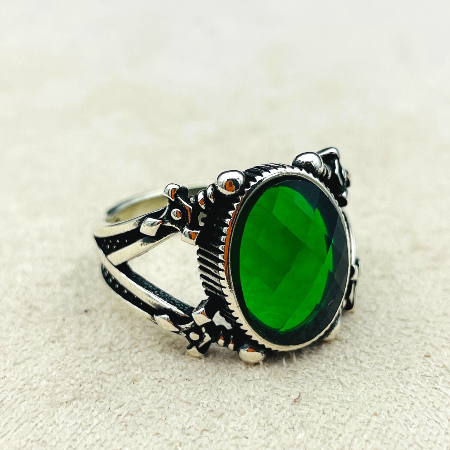 Green Emerald Oval Stone Handmade Silver Ring Men And Women, 925K Sterling Silver Ring, Turkish Handmade Ring, Unique Gift Ring