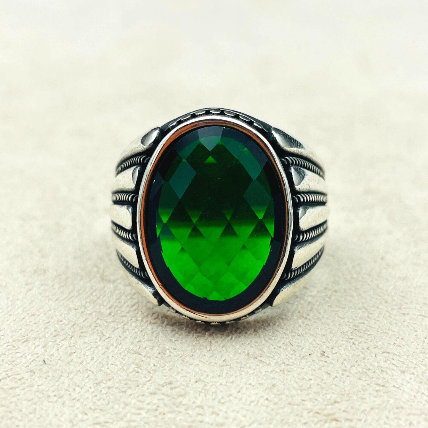 For Men Silver Ring, Green Emerald Oval Stone Handmade Silver Men Ring, Turkish Handmade Silver Ring, 925K Sterling Silver, Unique Gift Ring