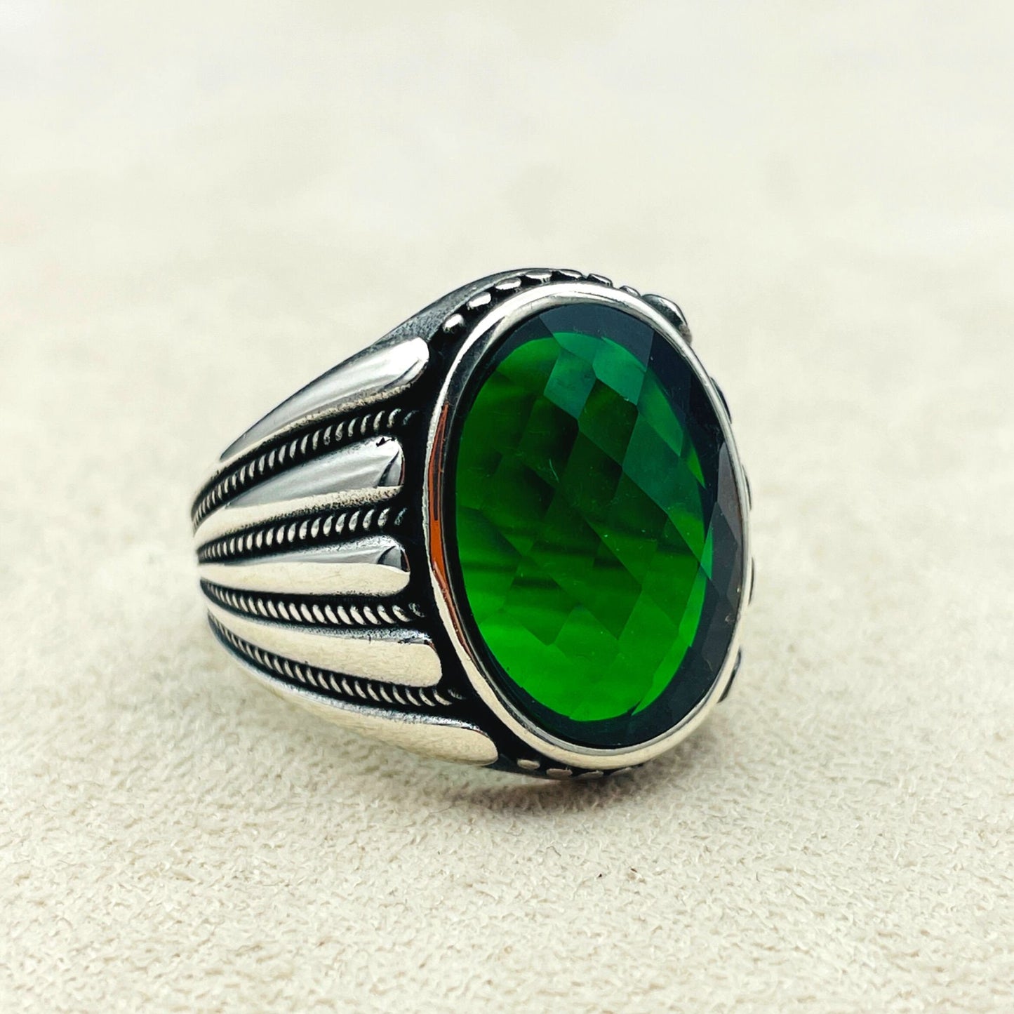 For Men Silver Ring, Green Emerald Oval Stone Handmade Silver Men Ring, Turkish Handmade Silver Ring, 925K Sterling Silver, Unique Gift Ring