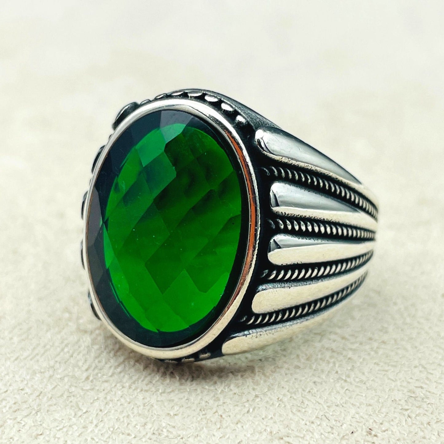 For Men Silver Ring, Green Emerald Oval Stone Handmade Silver Men Ring, Turkish Handmade Silver Ring, 925K Sterling Silver, Unique Gift Ring