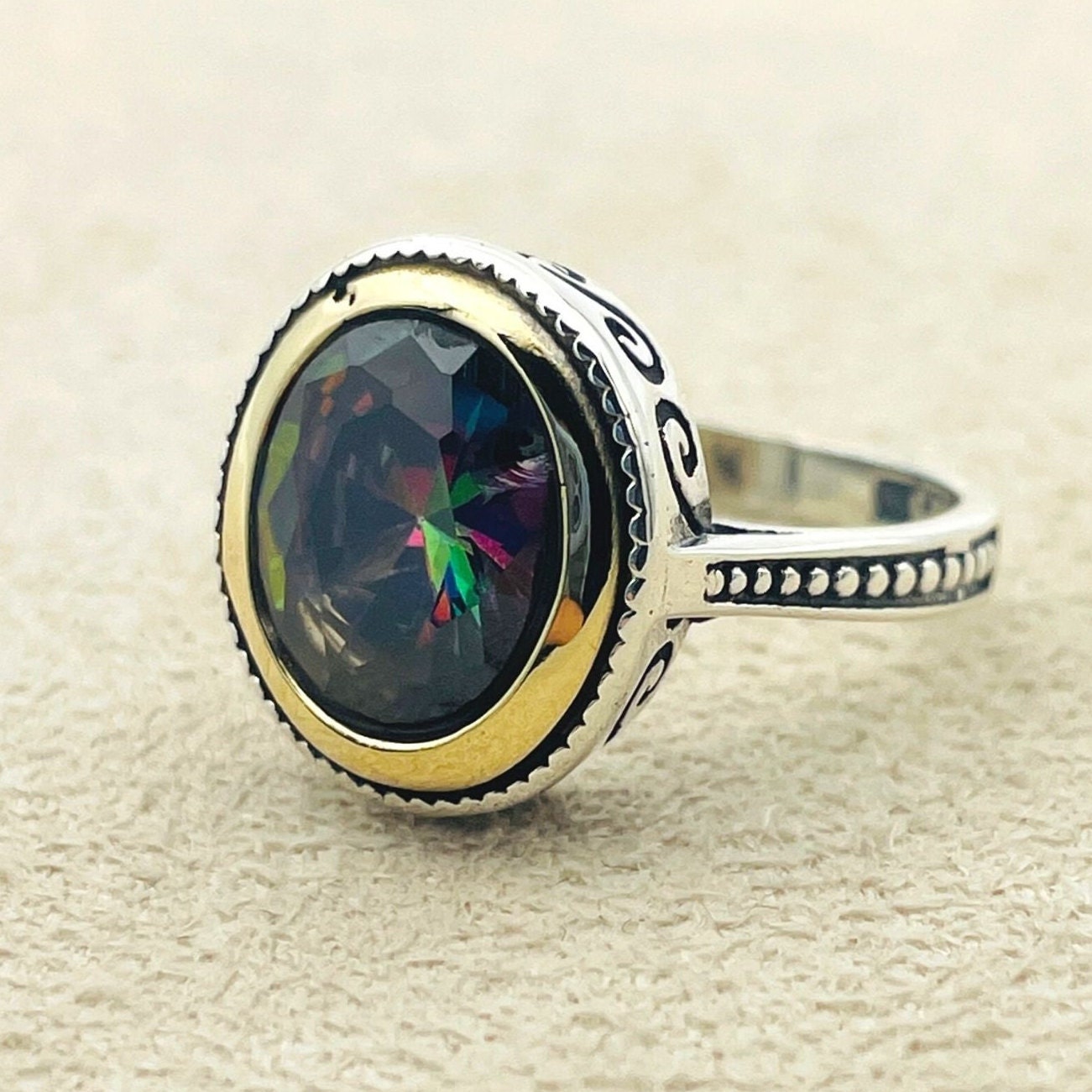 Women's Mystic Topaz Ring, Handmade Ladies Ring, Authentic Ring, Ottoman Ring, Green - Red Ring, Jewelry, 925k Sterling Silver, Gift For Her