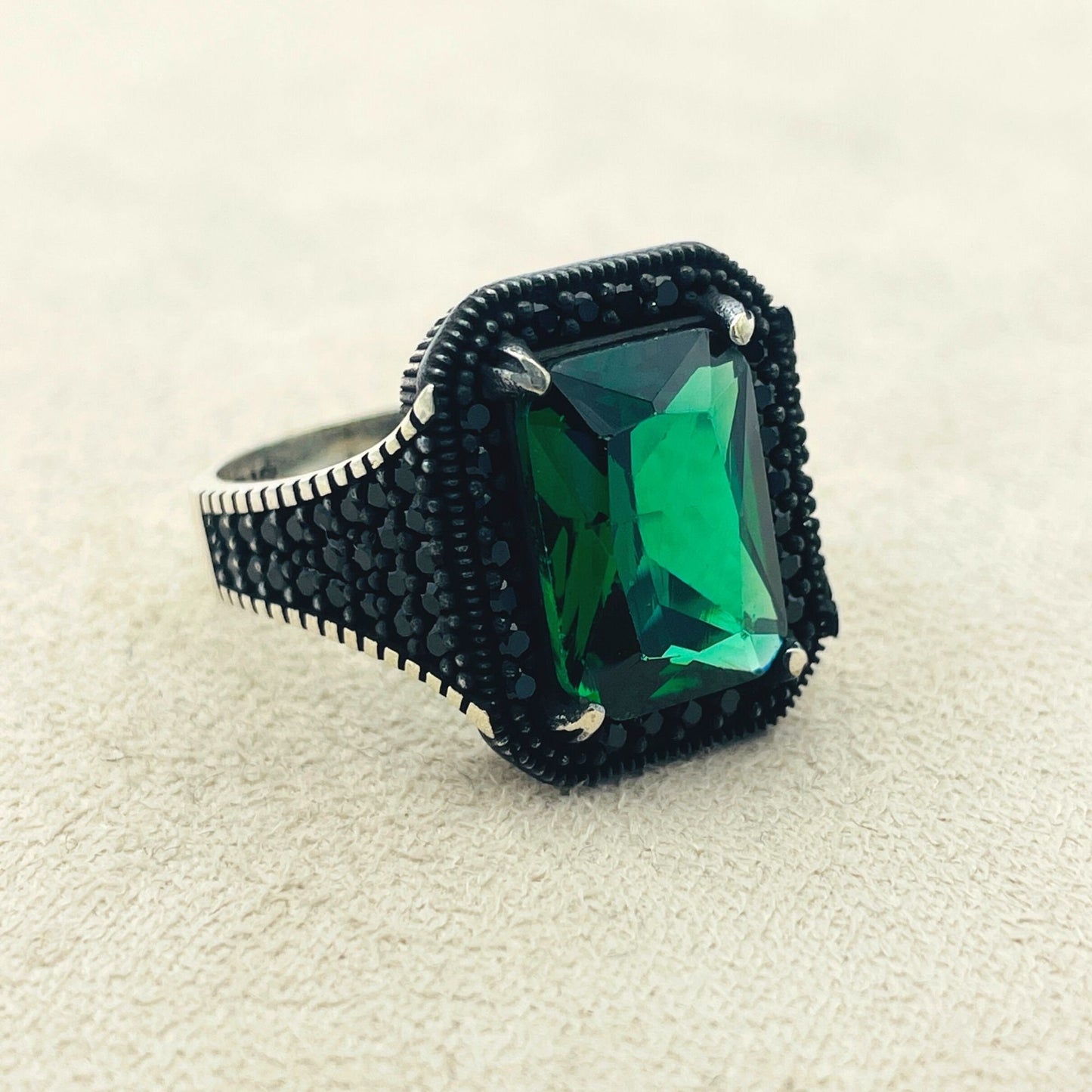 Men's Emerald Stone Silver Ring, Handmade Jewelry Men, Micro Stone Ring, 925K Sterling Silver, Green Stone Ring, Unique Ring, Gift For Him