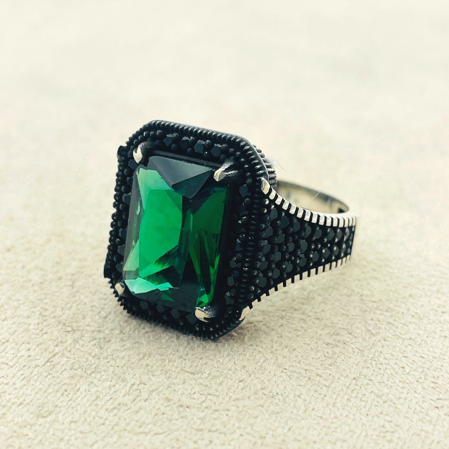 Men's Emerald Stone Silver Ring, Handmade Jewelry Men, Micro Stone Ring, 925K Sterling Silver, Green Stone Ring, Unique Ring, Gift For Him