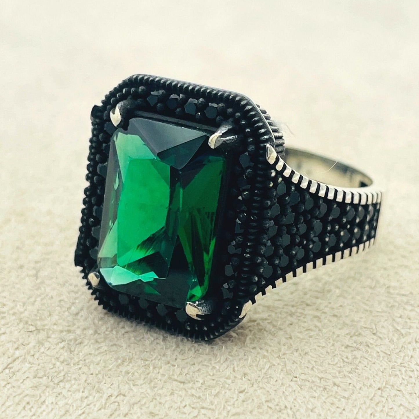 Men's Emerald Stone Silver Ring, Handmade Jewelry Men, Micro Stone Ring, 925K Sterling Silver, Green Stone Ring, Unique Ring, Gift For Him