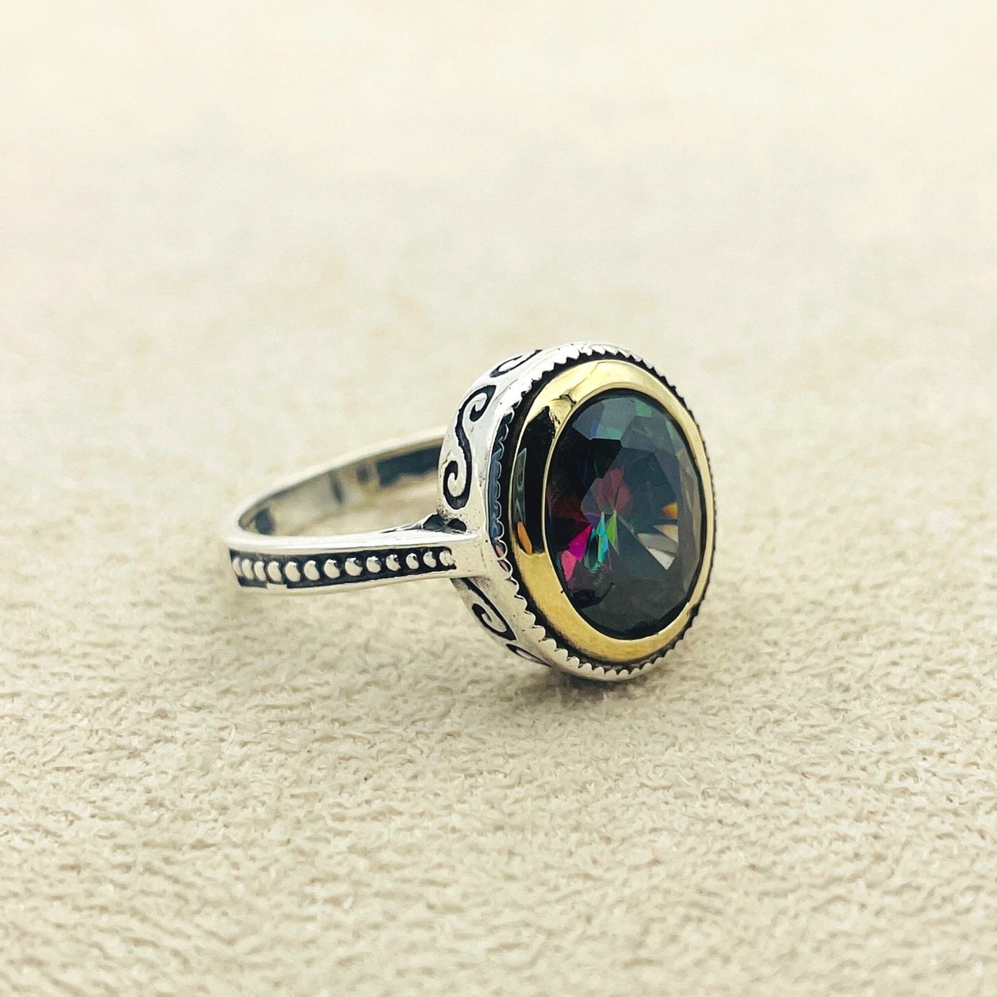 Women's Mystic Topaz Ring, Handmade Ladies Ring, Authentic Ring, Ottoman Ring, Green - Red Ring, Jewelry, 925k Sterling Silver, Gift For Her